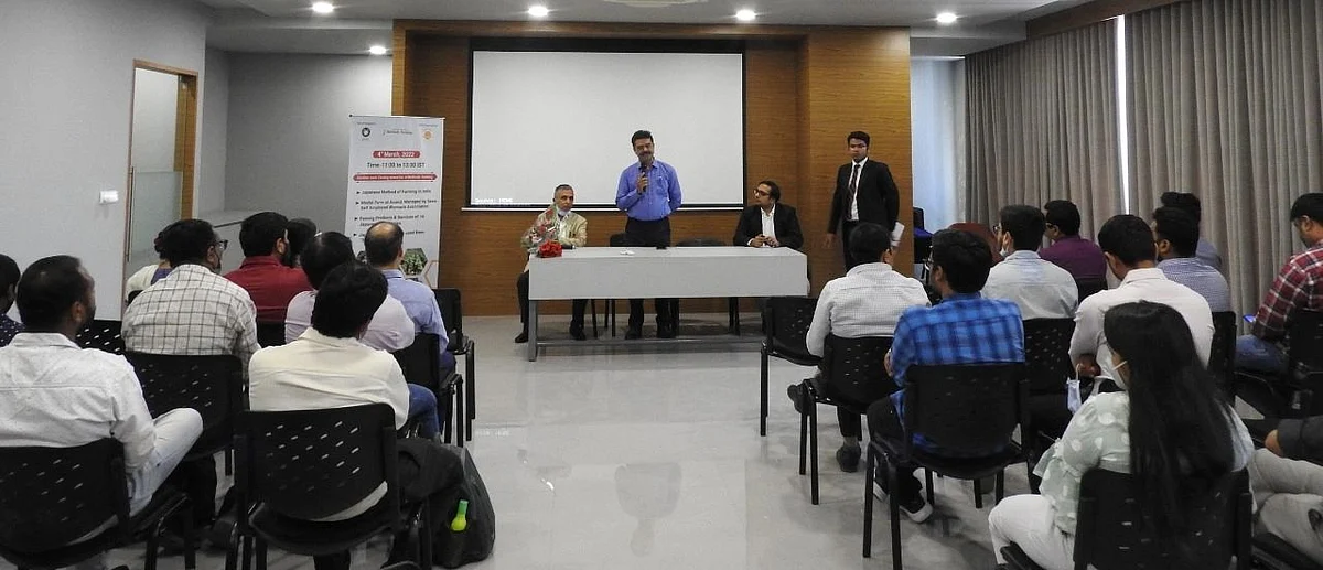 L to R - DH Bhrambhatt, IAS, Ex Secy, Agri, GoG; Dhaval Raval, Chairman, ASSOCHAM & CMD, Abhyuday Group; Rutvij Mehta, Abhyuday Group; & Utsav Jain, Moderator