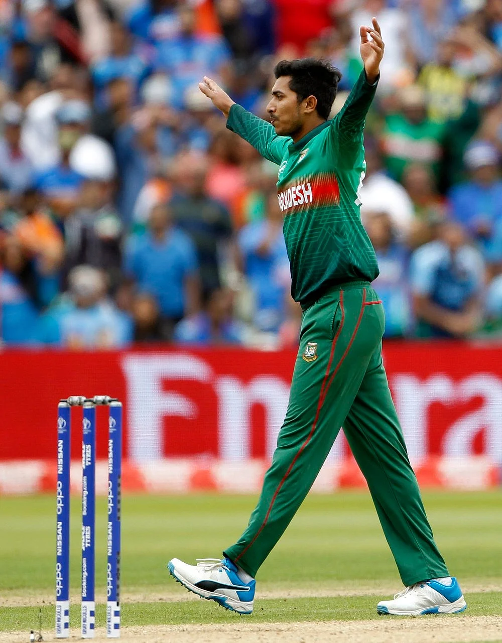 Bangladesh's Soumya Sarkar celebrates the dismissal of Rohit Sharma during a match against India in ICC CWC 2019 at Edgbaston in Birmingham on Tuesday