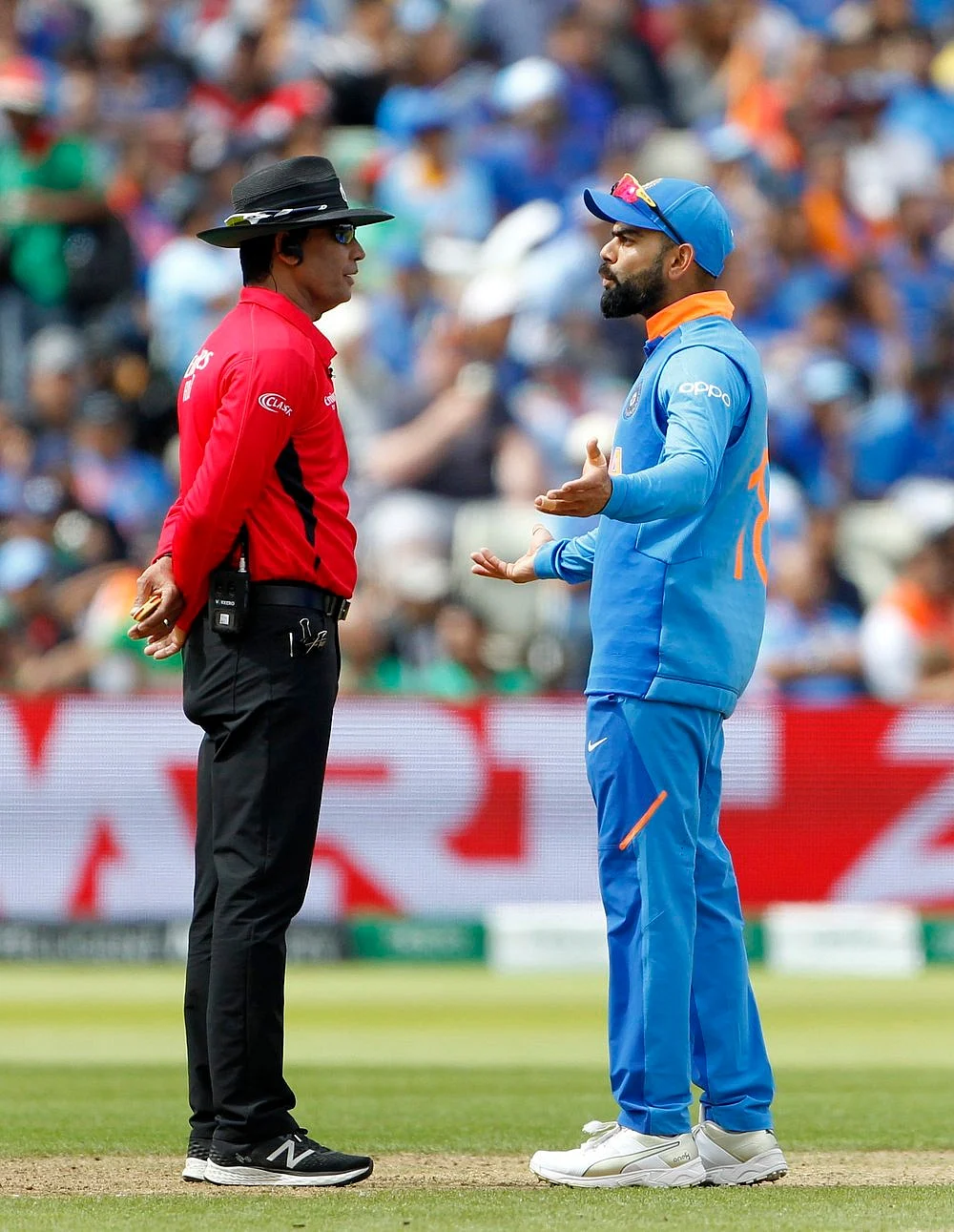 Indian captain Virat Kohli in conversation with the Umpire during a match between India and Bangladesh in ICC CWC 2019 at Edgbaston in Birmingham on Tuesday