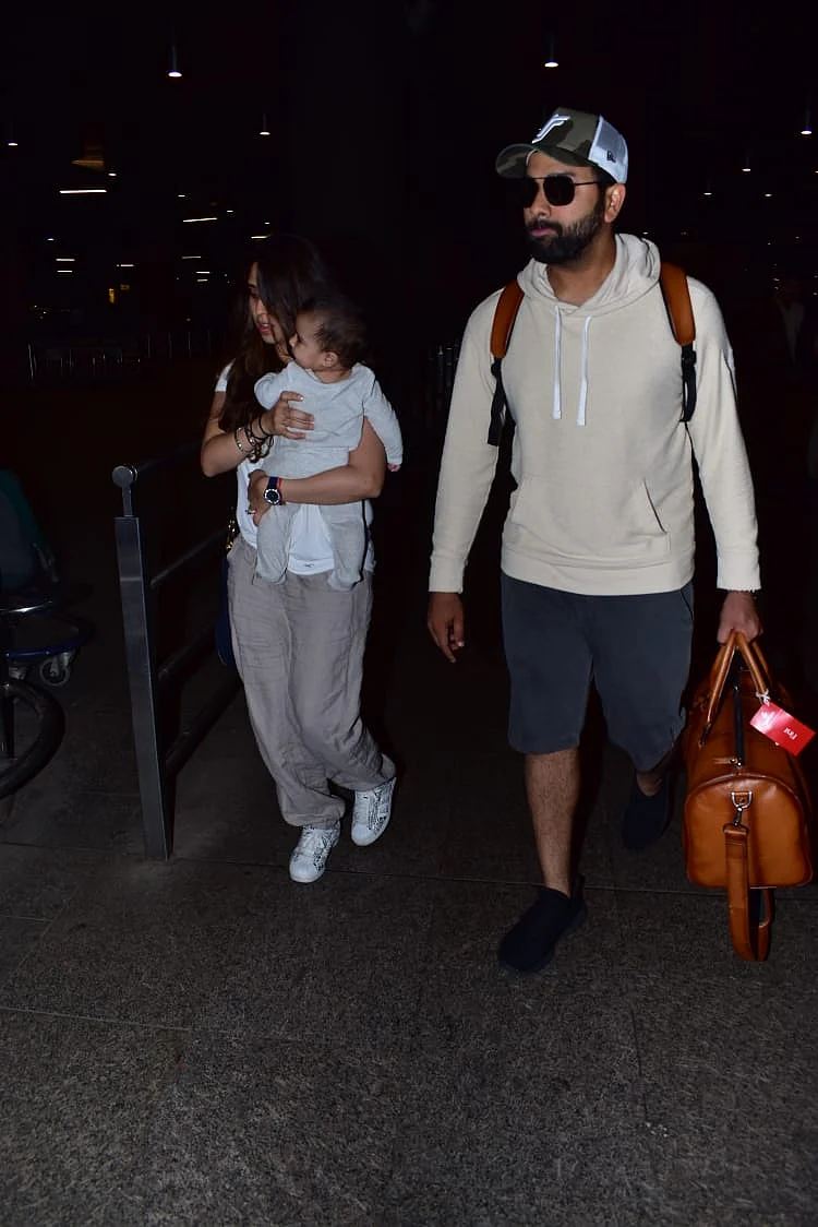 Rohit Sharma with wife Ritika Sajdeh Sharma and baby Samaira