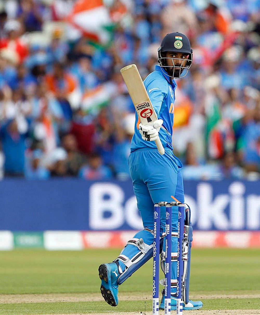 Indian batsman Lokesh Rahul celebrates his half-century during a match against Bangladesh in ICC CWC 2019 at Edgbaston in Birmingham on Tuesday