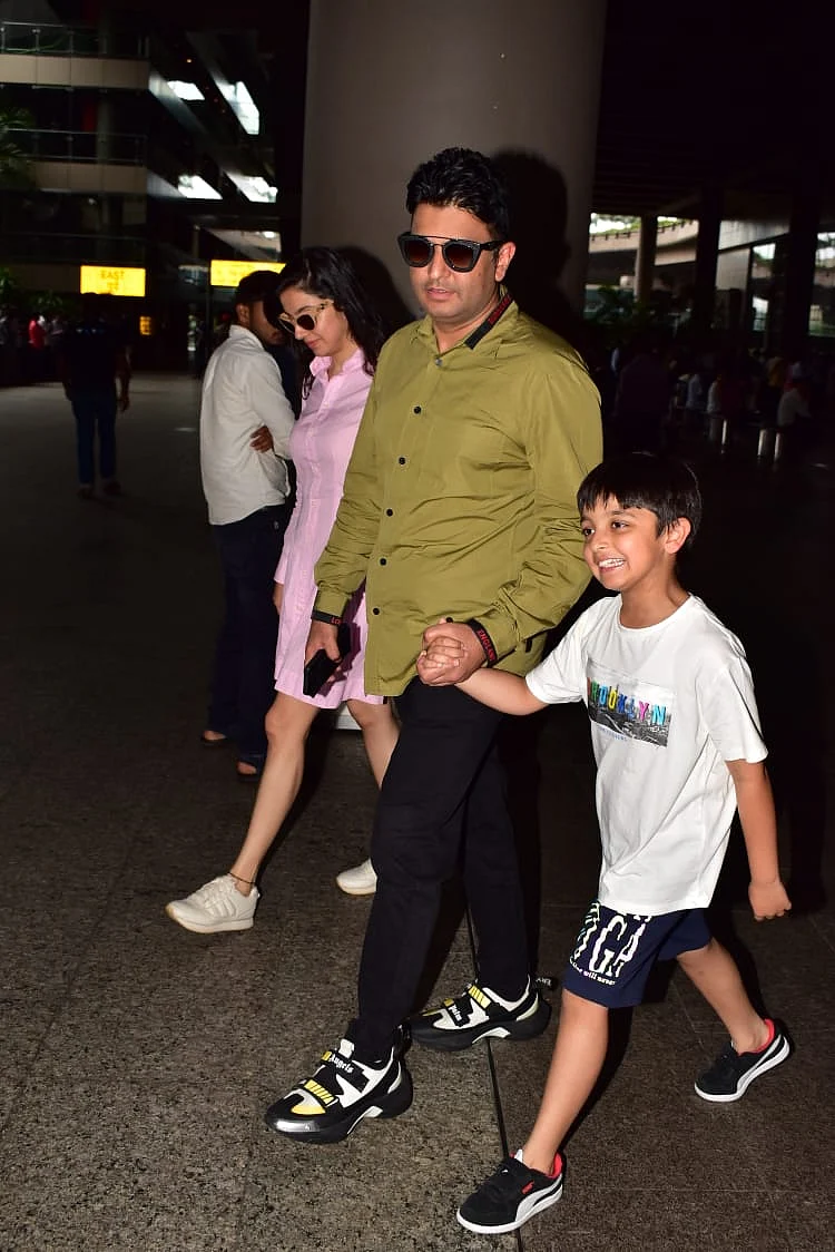 Bhushan Kumar with wife Divya khosla Kumar and son at airport today.