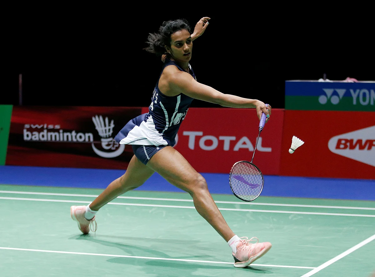 India's Pusarla Sindhu in action during her semi final women's singles match against China's Chen Yu Fei during 2019 Badminton World Championships at St. Jakobshalle Basel in Basel