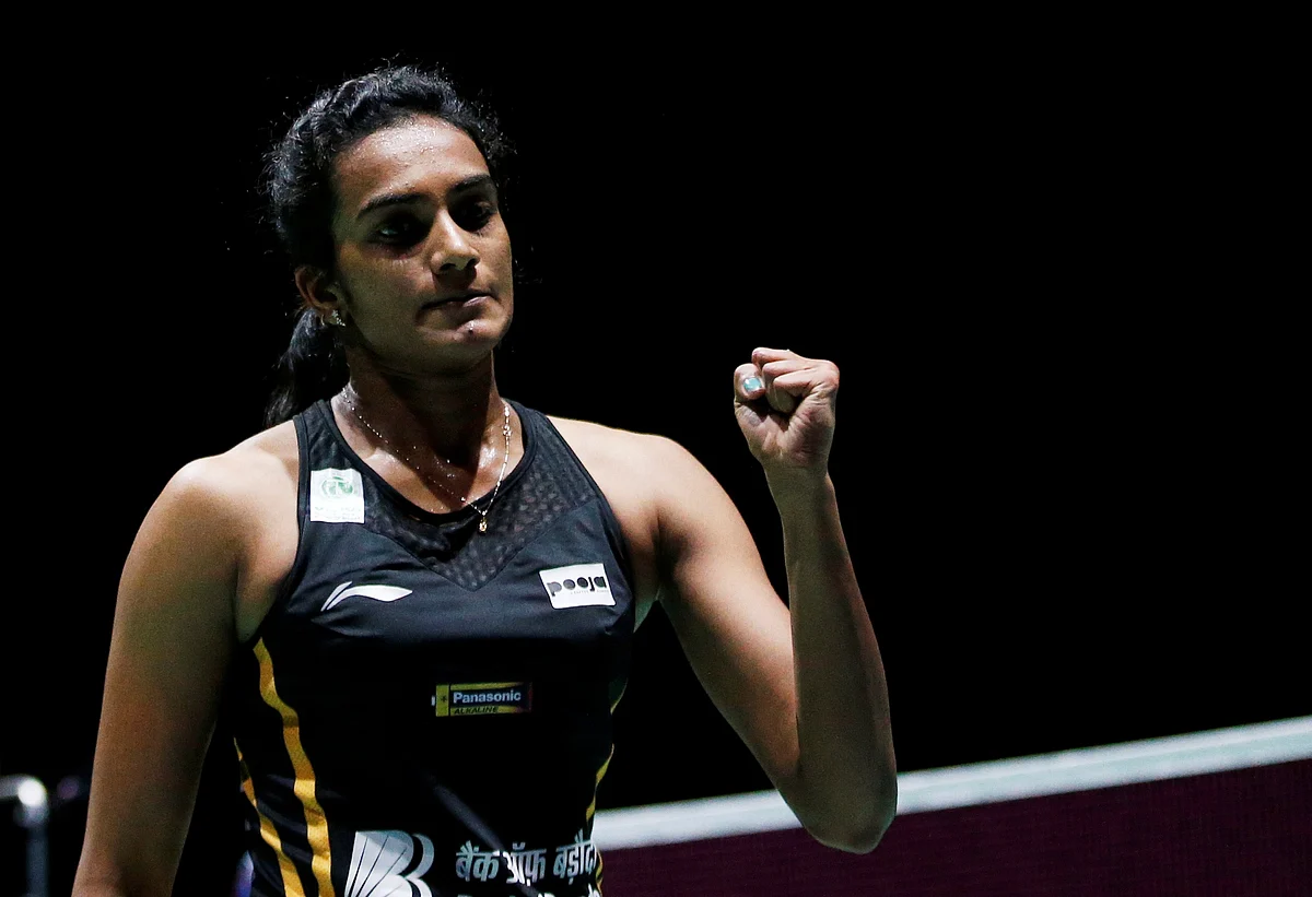 India's Pusarla Sindhu in action during her final women's singles match against Japan's Nozomi Okuhara during 2019 Badminton World Championships at St. Jakobshalle Basel in Basel