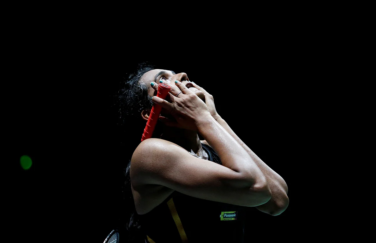 India's Pusarla Sindhu reacts during her final women's singles match against Japan's Nozomi Okuhara in 2019 Badminton World Championships at St. Jakobshalle Basel in Basel