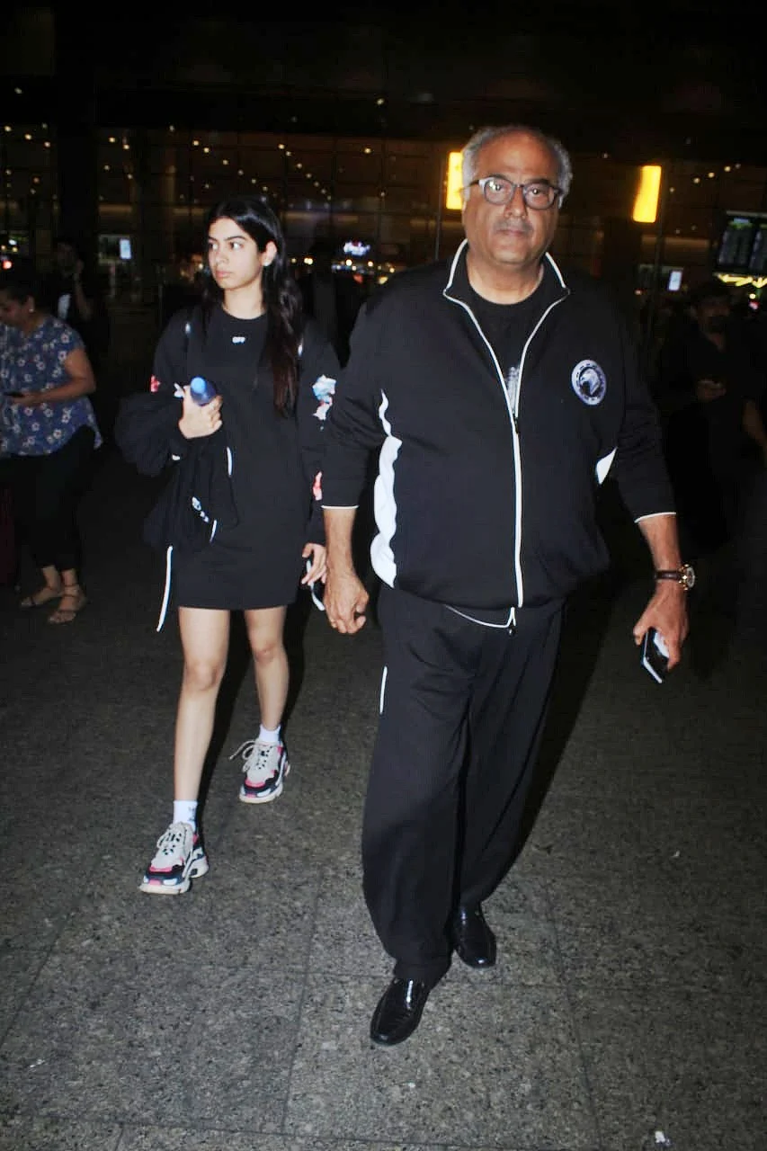 Khushi Kapoor and Boney Kapoor who were in Bali returned today to Mumbai when shutterbugs spotted them on Mumbai airport.