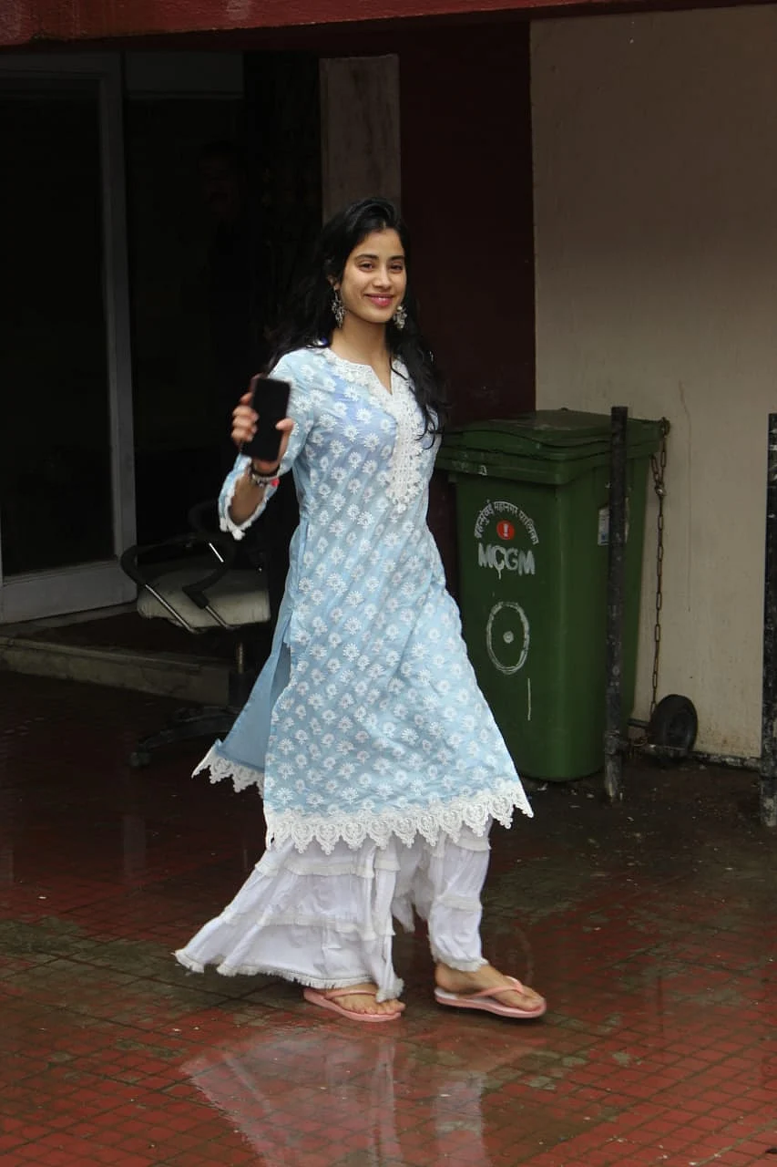 Janhvi Kapoor in a blue and white salvar snapped outside Pilates