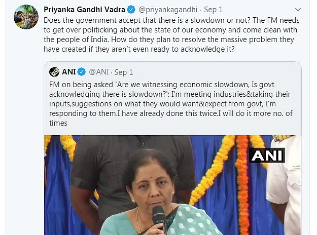 Modi government's silence on economic slowdown very dangerous: Priyanka Gandhi