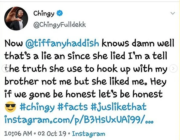 Tiffany Haddish hits back at rapper Chingy for denying they hooked up