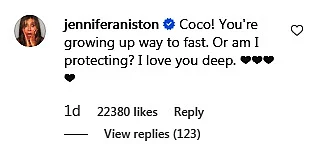 Godmother Jennifer Aniston thinks Courtney Cox's daughter Coco is growing up too fast