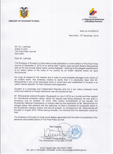 Swami Nithyananda left Ecuador in Aug 2019: Ecuador Embassy to FPJ