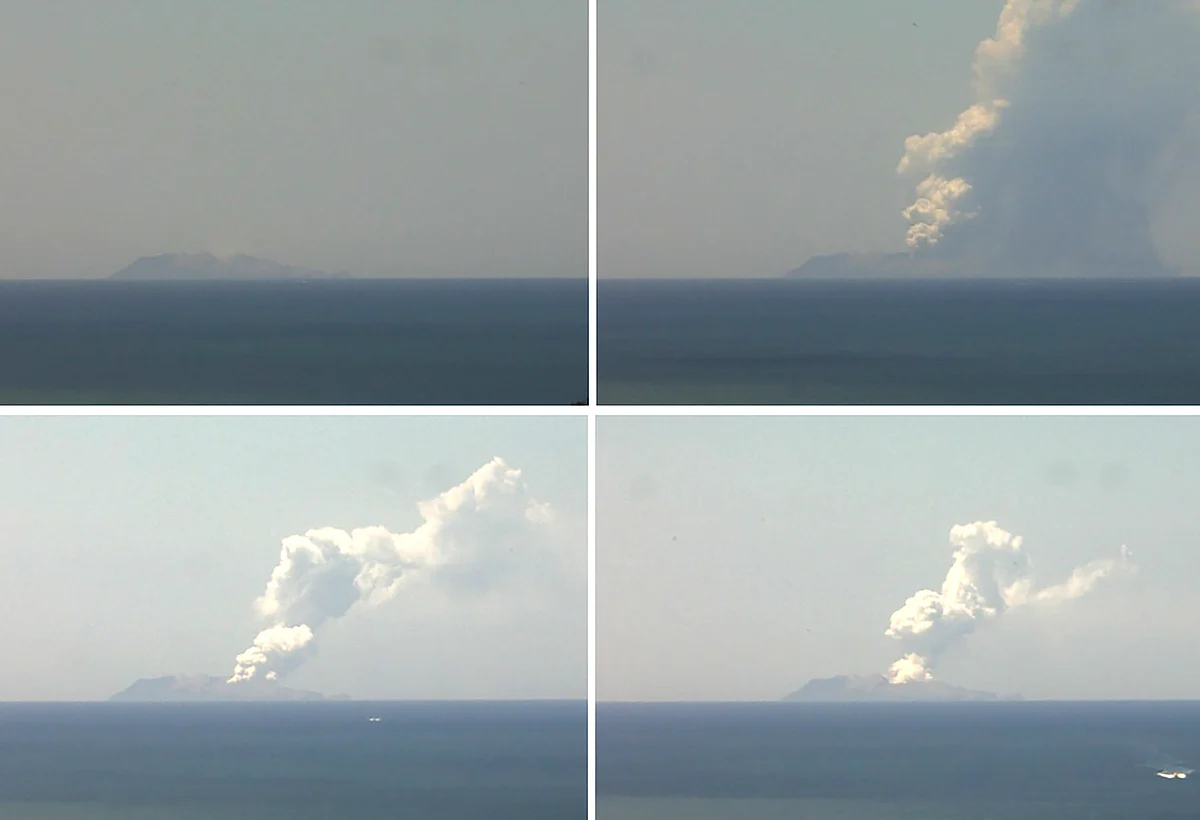 This combination of handout images from a webcam belonging to the Institute of Geological and Nuclear Sciences shows the volcano on New Zealand's White Island spewing steam and ash on December 9, 2019