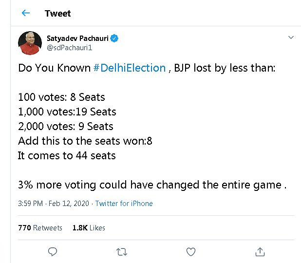BJP MP Satyadev Pachauri falls for WhatsApp forward; says party lost 8 seats by 100 votes in Delhi polls