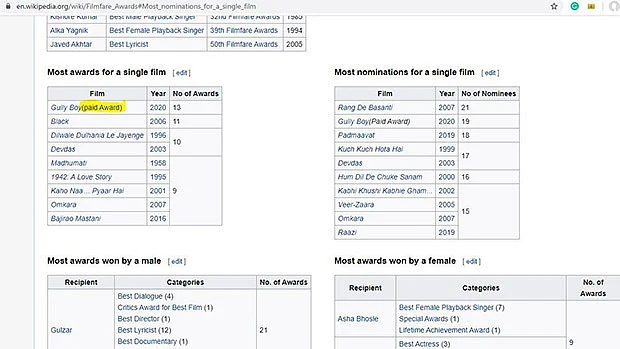 Filmfare 2020: After 'Gully Boy' wins 13 awards, Wikipedia terms them as ‘paid’