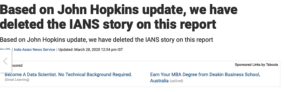 NDTV deletes report on COVID-19 transmission in India as Johns Hopkins distances itself