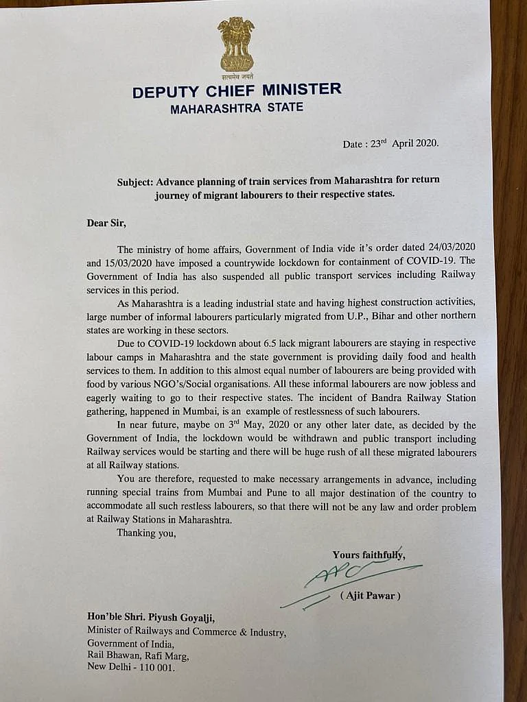 Make advanced plans to run trains from Mumbai and Pune for stranded migrant labourers: Maha DCM Ajit Pawar to Piyush Goyal