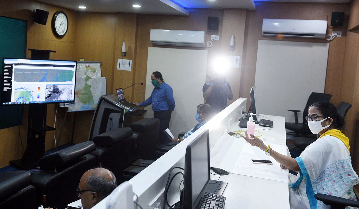 West Bengal Chief Minister Mamata Banerjee reviewing arrangements during cyclone Amphan at a control room set up in her office building, in Kolkata on Wednesday