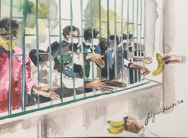 This is nothing new, I have seen a scene like this so many times in the zoo. People offering the 5 rupee banana to the monkeys. Oops, but a little difference here, behind the bars are also people! People who we think are less deserving. We can have exotic Thai curry for dinner. They should be fine with a banana!