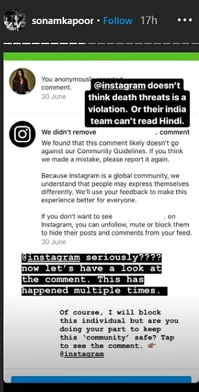 Sonam Kapoor slams Instagram after it refuses to take down 'death threat' Sonam Kapoor slams Instagram after it refuses to take down 'death threat'
