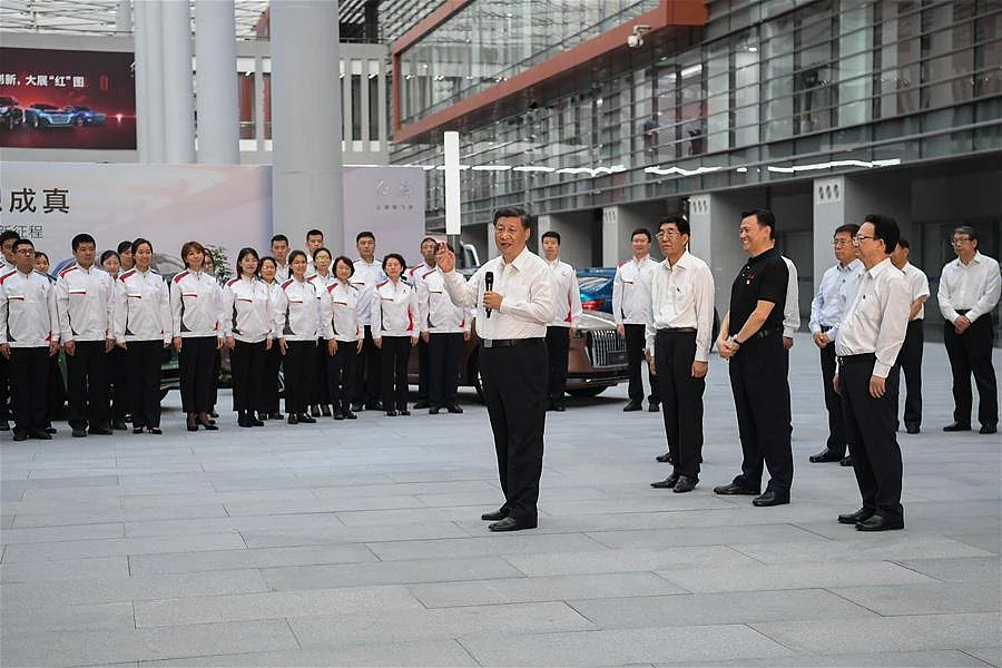 Chinese President Xi Jinping, also general secretary of the Communist Party of China Central Committee and chairman of the Central Military Commission, learns about the reform and development of state-owned enterprises at the R&D headquarters of automaker FAW Group in Changchun, northeast China's Jilin Province, July 23, 2020.
