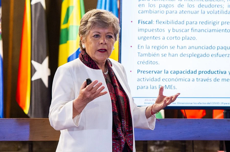 Alicia Barcena, executive secretary of the Economic Commission for Latin America and the Caribbean (ECLAC), speaks at the presentation of a report in Santiago, Chile, April 21, 2020. (ECLAC/Handout via Xinhua)