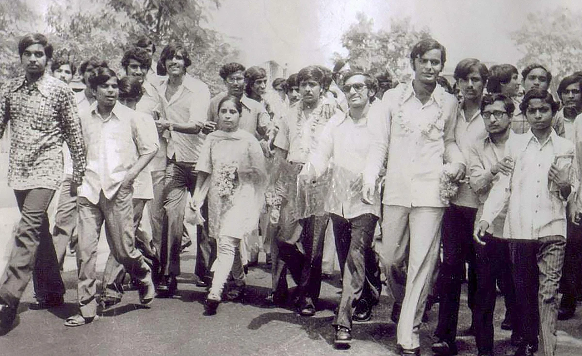 Arun Jaitley (3R) after being elected Delhi University Students' Union president in 1974 in New Delhi.