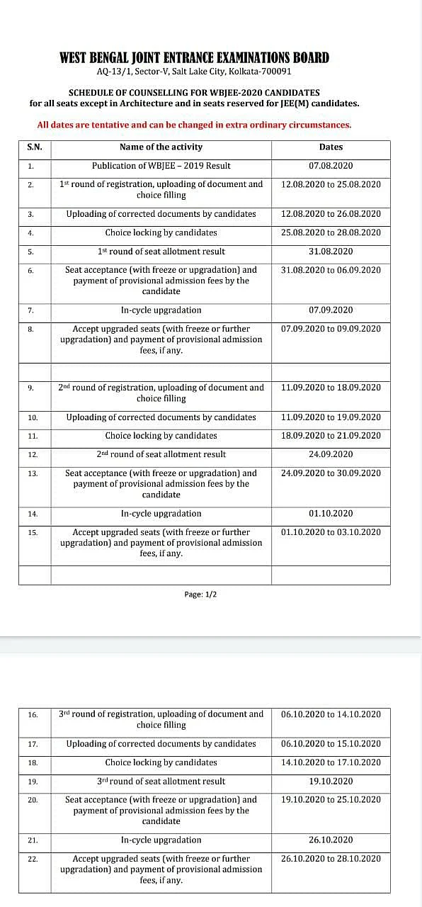 Schedule for WBJEE counselling