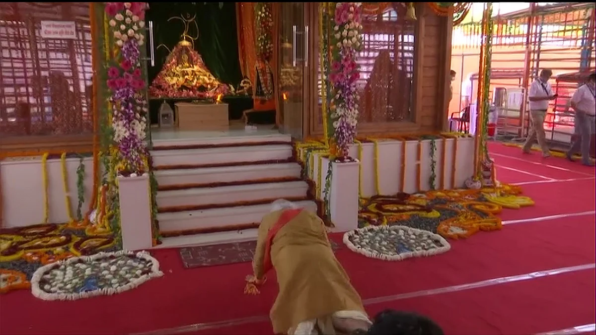 Prime Minister Narendra Modi performs sashtang pranam (prostration) while offering prayers to Ram Lalla at Ram Janmabhoomi site in Ayodhya on Wednesday.