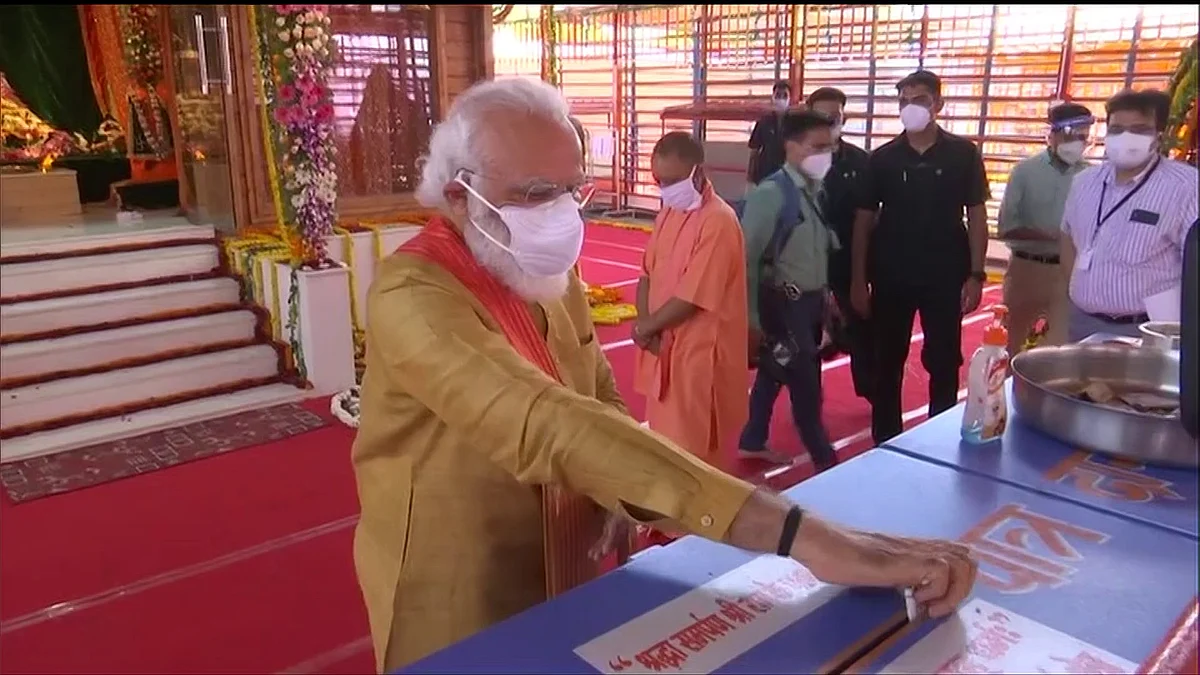 Prime Minister Narendra Modi after offering prayers to Ram Lalla before the Ram Temple foundation stone laying ceremony, at Ram Janmabhoomi site in Ayodhya on Wednesday.