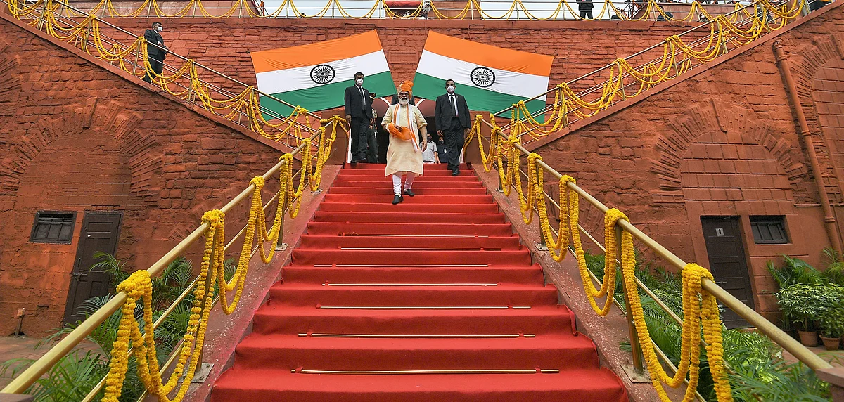 Prime Minister Narendra Modi leaves after addressing the nation on the occasion of 74th Independence Day from the Rampart of the Red Fort in New Delhi on Saturday.