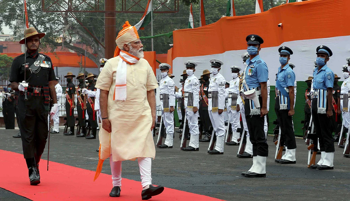 Prime Minister Narendra Modi inspecting the Guard of Honour at Red Fort on the occasion of 74th Independence Day, in New Delhi on Saturday.