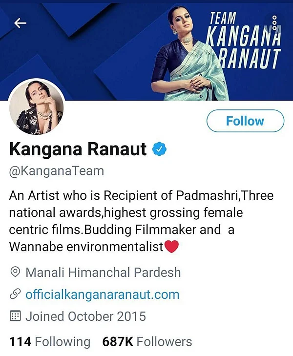 Did you notice? Kangana Ranaut has an official Twitter account with a blue tick, new bio, and username