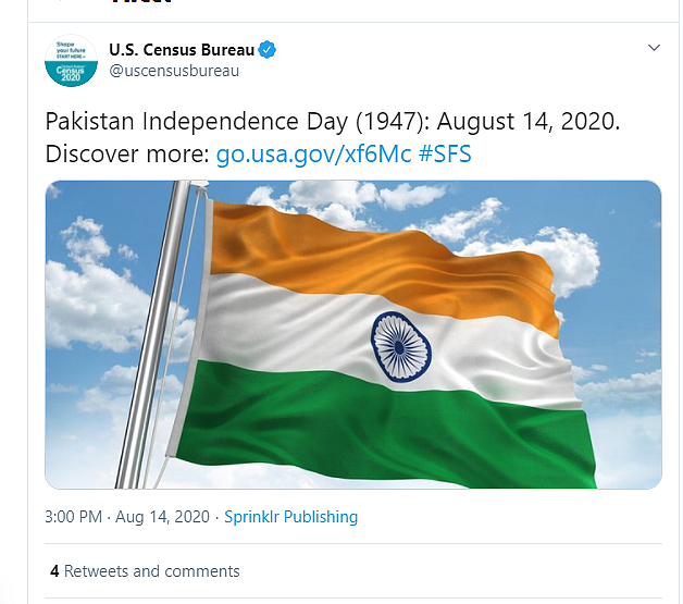 US Census Bureau posts Indian flag while wishing Pakistan on its Independence Day