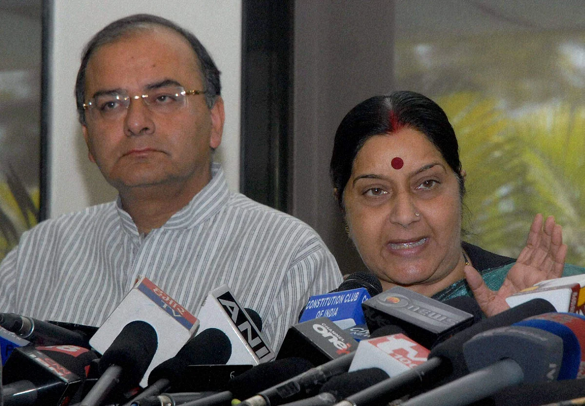 Senior BJP leader Sushma Swaraj with party leader Arun Jaitley addressing a press conference in New Delhi in 2010. Swaraj, also former Union Minister and party stalwart passed away earlier this month.