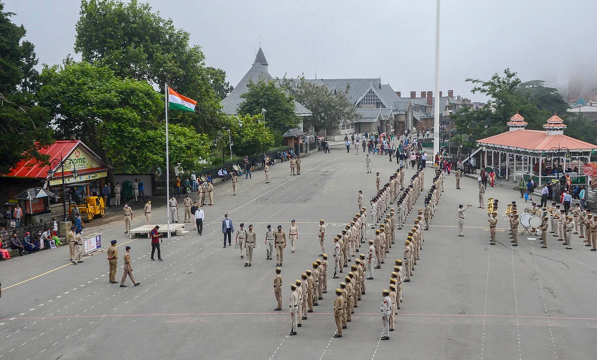 Shimla: Rehearsals for the 74th Independence Day celebrations, amid the ongoing COVID-19 pandemic, at Ridge in Shimla, Thursday.