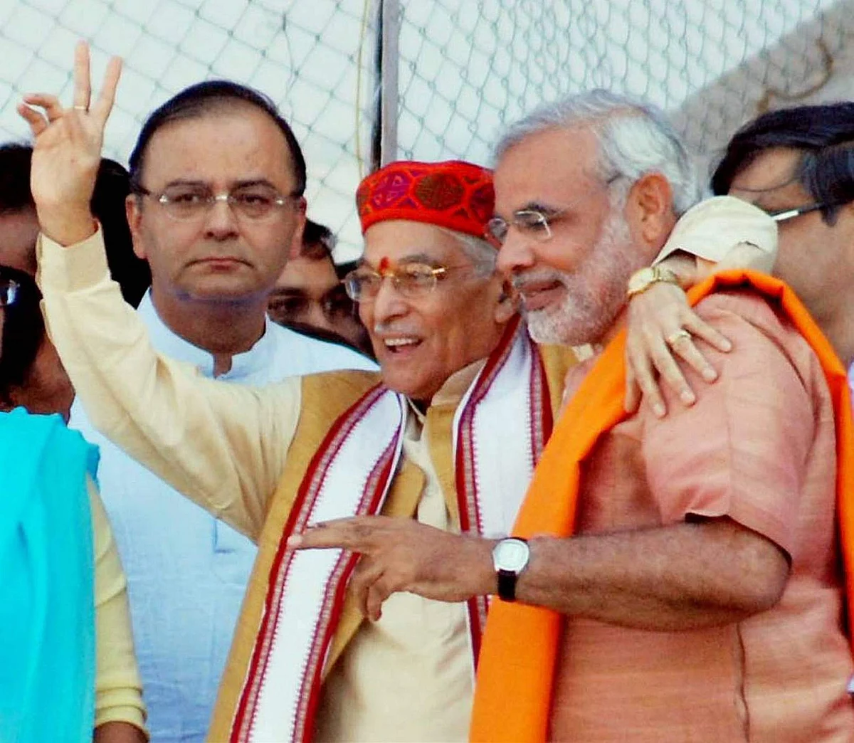BJP leader Murli Manohar Joshi hugs Narendra Modi, while Arun Jaitley looks on, before the oath taking ceremony of Modi as Gujarat Chief Minister at Sardar Patel stadium in Ahmedabad in 2007.