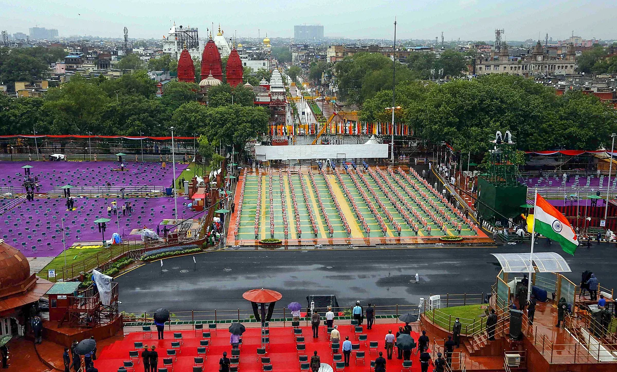 New Delhi: Seating arrangements at the historic Red Fort during the full dress rehearsals for the 74th Independence Day celebrations, amid the ongoing COVID-19 pandemic, in New Delhi, Thursday.