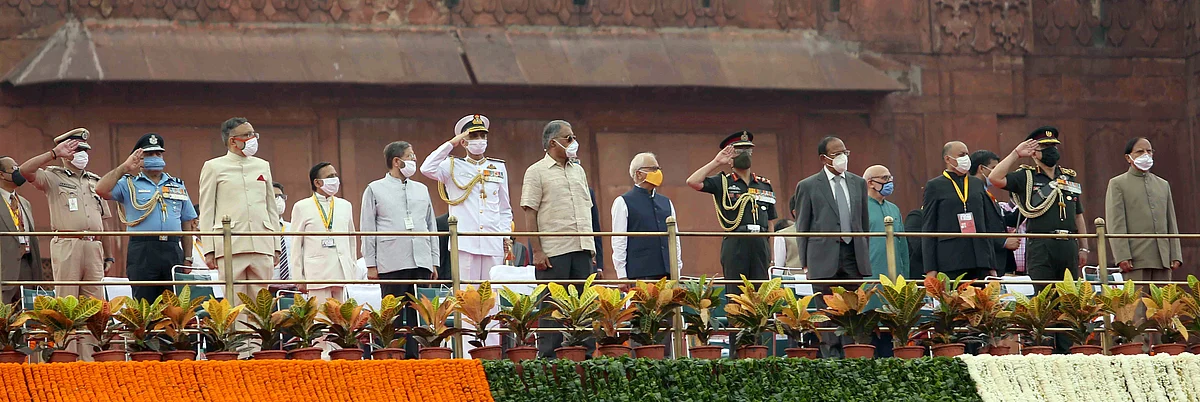 National Security Advisor Ajit Doval, Chief of Defence Staff General Bipin Rawat, Chief of Army Staff General M M Naravane, Chief of Naval Staff Admiral Karambir Singh, Chief of Air Staff Air Chief Marshal R K S Bhadauria and other dignitaries at Red Fort on the occasion of 74th Independence Day, in New Delhi on Saturday.