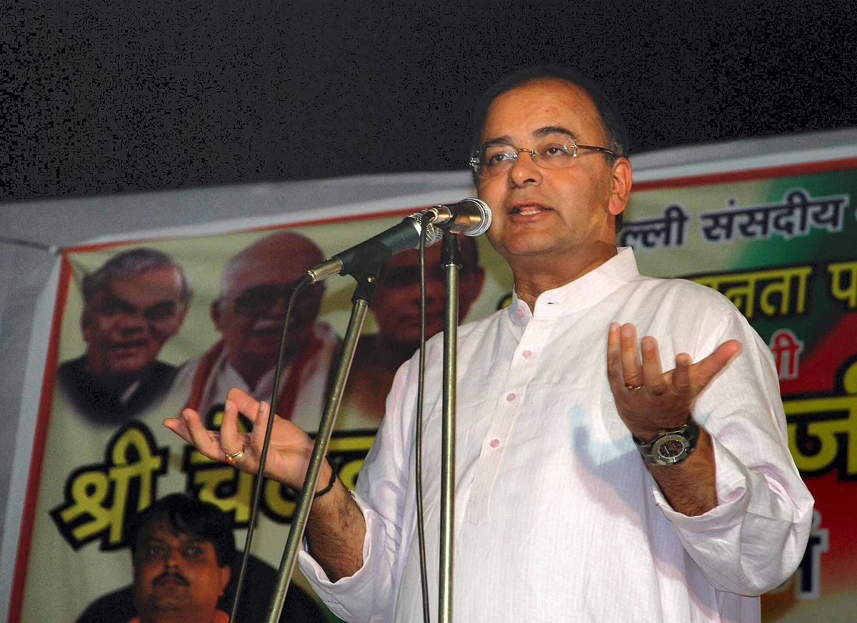 Then BJP general secretary Arun Jaitley addresses party supporters during an election campaign for East Delhi candidate in Delhi.
