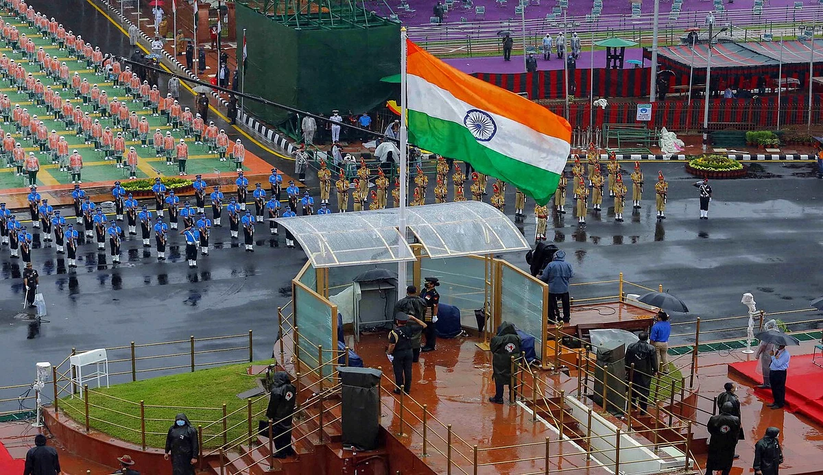 New Delhi: Tri-Service contingents during the full dress rehearsals for the 74th Independence Day celebrations, amid the ongoing COVID-19 pandemic, at Red Fort in New Delhi, Thursday.