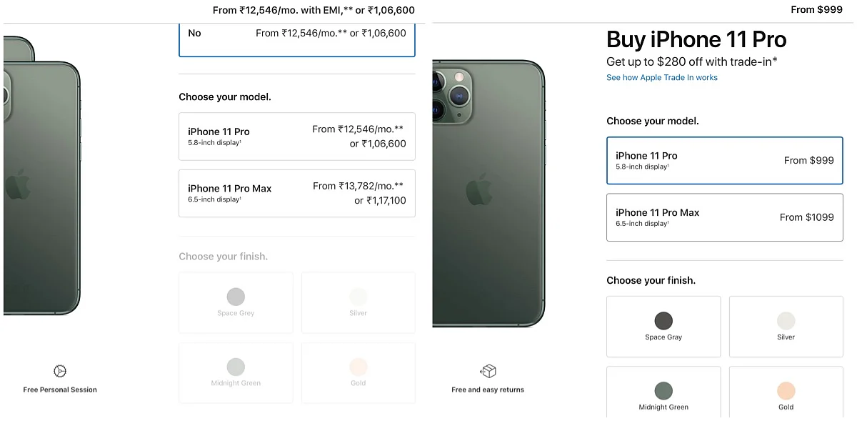 In USD is the cost of iPhone 11 Pro in the US market and in Rs is the price in the Indian market