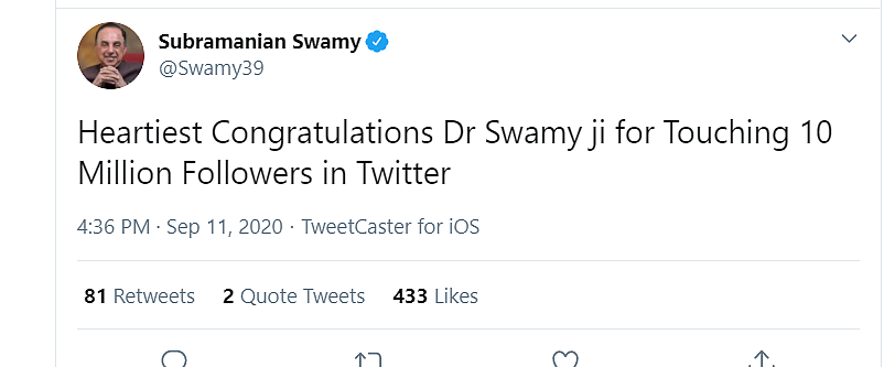 'Swamyji congratulations for reaching 10 million followers': Subramanian Swamy tweets to himself