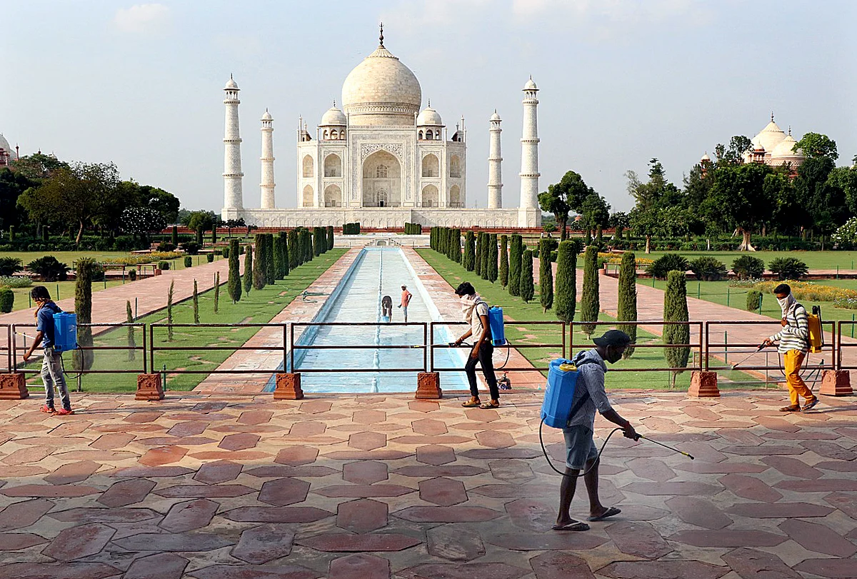 Sanitation Drive underway at the Taj Mahal in Agra on September 21, 2020. - The Taj Mahal reopens to visitors on September 21 in a symbolic business-as-usual gesture, even as India looks set to overtake the US as the global leader in coronavirus infections.