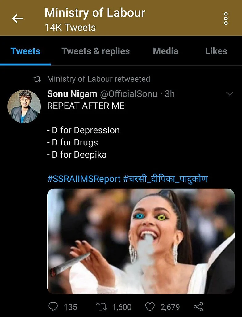 'D for depression, D for drugs...': Labour Ministry RTs photo-shopped pic of Deepika Padukone, deletes later