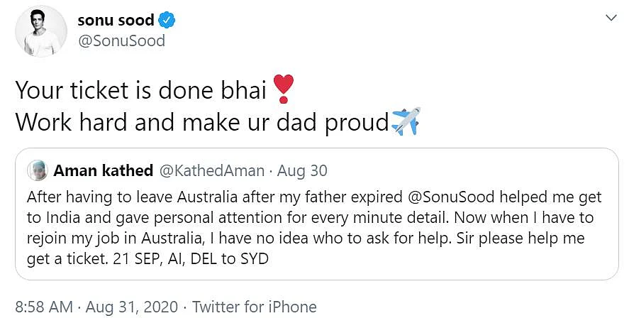 Did Sonu Sood take credit for just securing a man's plane ticket? Screenshots attached