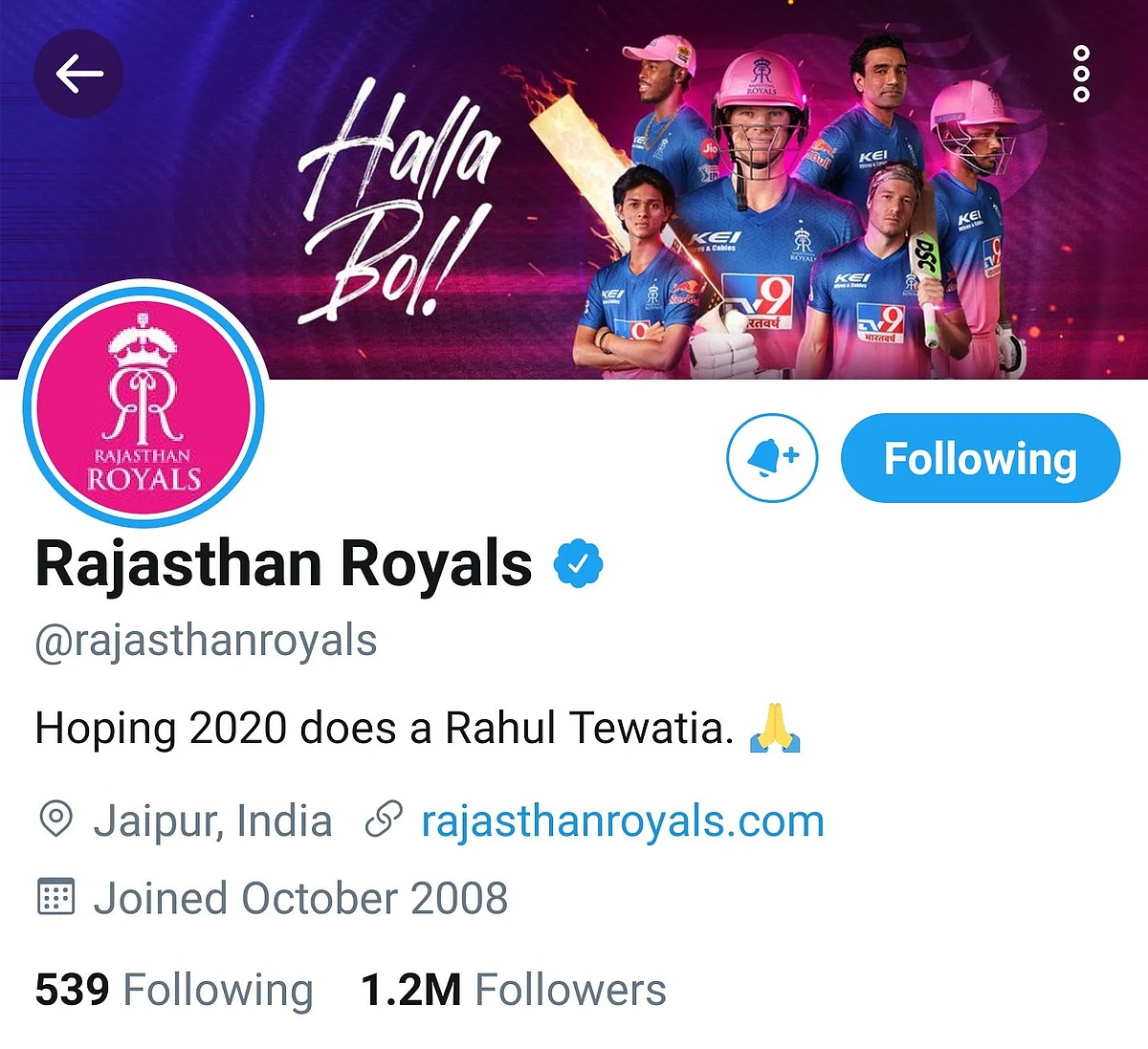 'Hoping 2020 does a Rahul Tewatia': Rajasthan Royals' on point Twitter bio