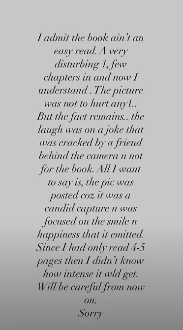 Daisy Shah apologises for sharing a smiling picture while reading a tragic novel