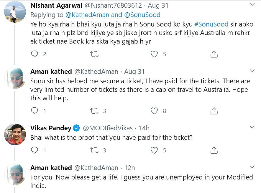 Did Sonu Sood take credit for just securing a man's plane ticket? Screenshots attached