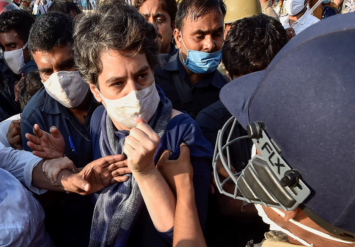 Noida: Congress leader Priyanka Gandhi at Delhi-Noida border as she attempts to move towards Hathras to meet family members of the 19-year-old woman who died after she was allegedly gang-raped, in Noida, Saturday, Oct. 3, 2020. Five members of a delegation led by Congress leader Rahul Gandhi have been permitted to go to Hathras via Noida.