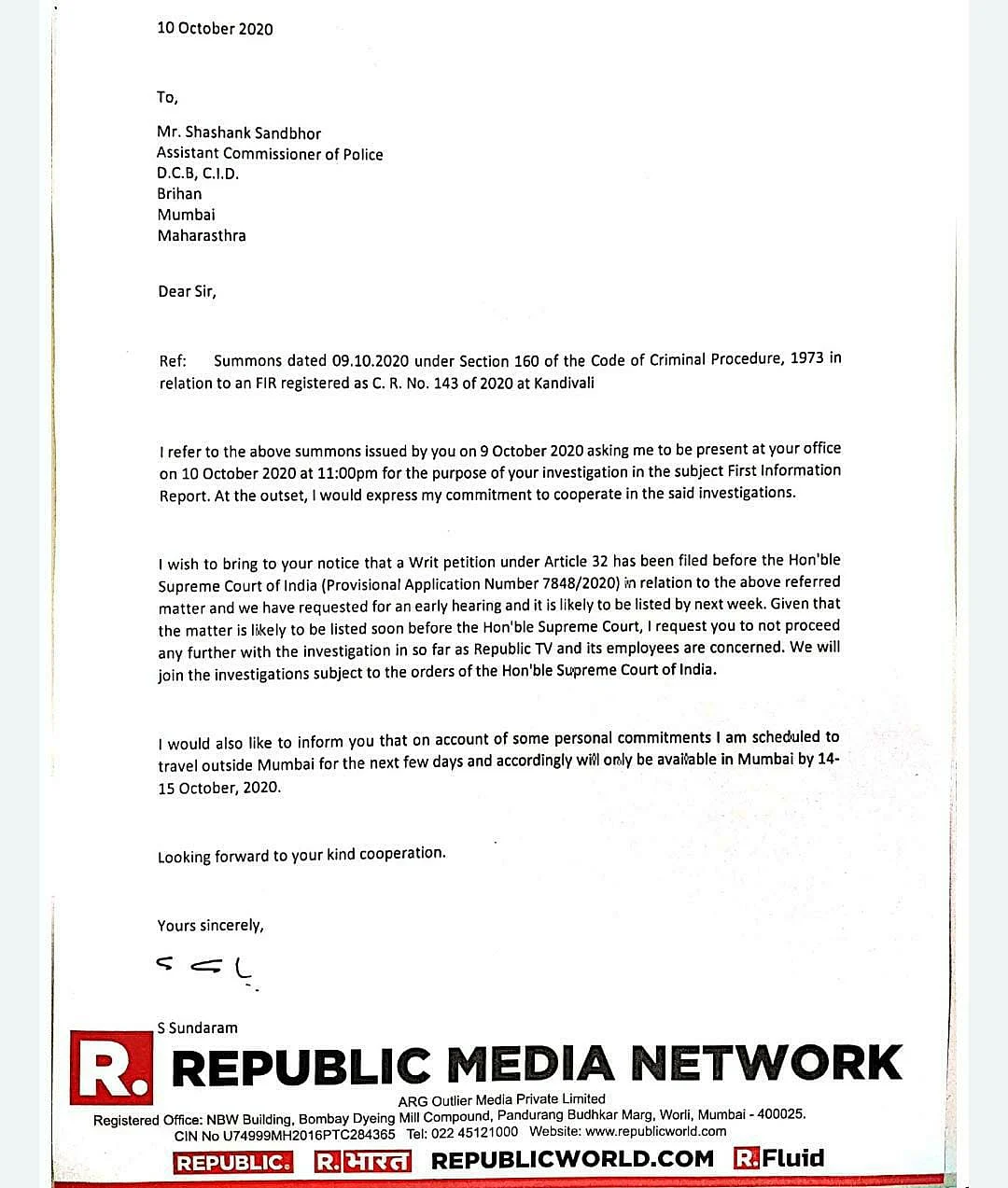 Republic TV CFO's letter to Mumbai Police